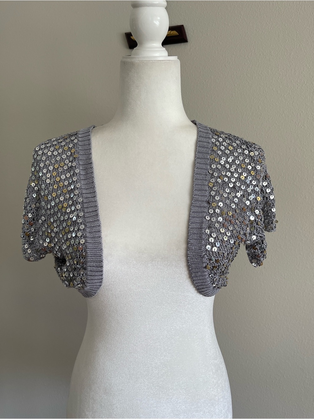 Gray Sequin Short-Sleeve Open Bolero Sweater